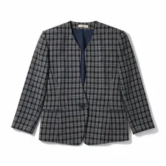 マダムジョコンダ MADAM JOCONDE ジャケット ノーカラージャケット チェック柄 フェイクポケット 肩パッド 紺系 991733のサムネイル