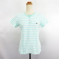 アディダス adidas Tシャツ カットソー 半袖 ヘンリーネック ボーダー ロゴ コットン OT ライトブルー×ホワイト ※EKM