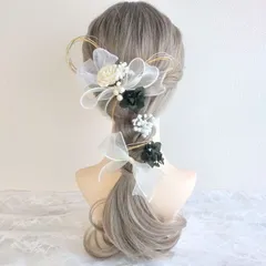 髪飾り＊成人式 卒業式 結婚式 ウェディング 振袖 袴 和装 前撮り~リボン パール 水引 編みおろし~ブラック 黒 12本