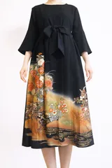 着物リメイク ワンピース黒留袖 正絹 落款 作家物 花柄