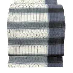 【美品】 袋帯 秀品 紬地 縞 幾何学模様 絞り 灰色 全通 正絹 【中古】