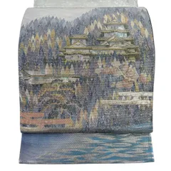袋帯 秀品 風景 建物 箔 金銀彩 藍色 お太鼓柄 正絹 【中古】