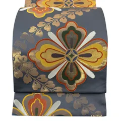 【美品】 袋帯 秀品 花菱 金糸 唐織 青灰色 六通 正絹 【中古】