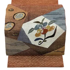 袋帯 秀品 草花 幾何学 朱色 お太鼓柄 正絹 【中古】