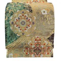 【美品】 袋帯 秀品 振袖向き 華文 花唐草 金糸 箔 緑 六通 正絹 【中古】