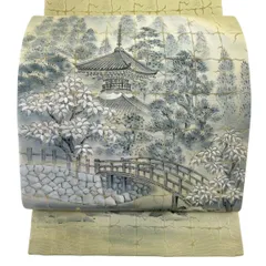【美品】 袋帯 秀品 落款 建物 風景 金糸 ぼかし 抹茶色 お太鼓柄 正絹 【中古】