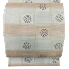【美品】 袋帯 秀品 段縞 幾何学模様 金糸 ピンクベージュ 六通 正絹 【中古】