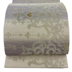 【美品】 袋帯 秀品 西洋唐草 段縞 金銀糸 クリーム 六通 正絹 【中古】