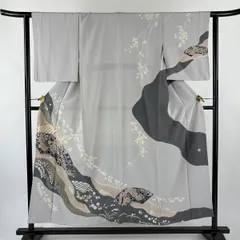 訪問着 身丈161.5cm 裄丈62cm S 袷 滝泰 落款 扇面 辻が花 金彩 染め分け 灰色 正絹 名品 【中古】のサムネイル