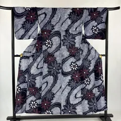 【美品】 浴衣 身丈151cm 裄丈65cm M 絞り浴衣 草花 紺色 綿 名品 【中古】