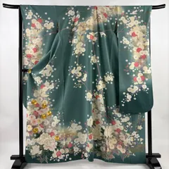 振袖 身丈162cm 裄丈68.5cm L 袷 桜 菊 金糸 金彩 薄緑 正絹 名品 【中古】