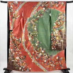 振袖 身丈162.5cm 裄丈66.5cm M 袷 蝶 菊 金糸 金銀彩 サーモンピンク 正絹 秀品 【中古】