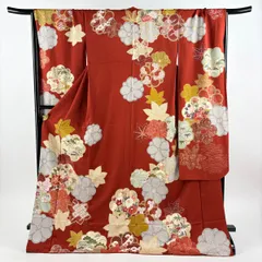 振袖 身丈175cm 裄丈70cm L 袷 松竹梅 草花 金糸 金彩 茜色 正絹 秀品 【中古】