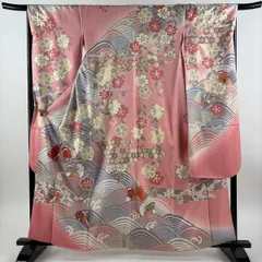 振袖 身丈161cm 裄丈67cm M 袷 鴛鴦 枝垂れ桜 金彩 ぼかし ピンク 正絹 秀品 【中古】