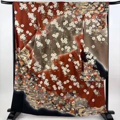 【美品】 振袖 身丈164cm 裄丈66cm M 袷 枝垂れ桜 立涌 金糸 金彩 赤茶 正絹 秀品 【中古】
