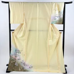 【美品】 付下げ 身丈172.5cm 裄丈69cm L 単衣 枝花 草花 金彩 ぼかし 薄黄 正絹 秀品 【中古】