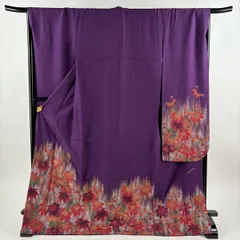 振袖 身丈172cm 裄丈68cm L 袷 コシノヒロコ 落款 葉 金糸 紫 正絹 秀品 【中古】