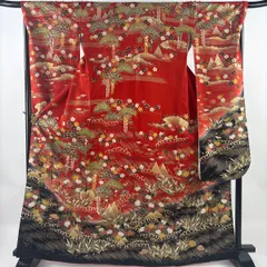振袖 身丈167cm 裄丈68.5cm L 袷 菊 波 金糸 金彩 朱色 正絹 秀品 【中古】