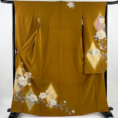 振袖 身丈165.5cm 裄丈63cm S 袷 牡丹 菱 金彩 ぼかし 黄土色 正絹 秀品 【中古】