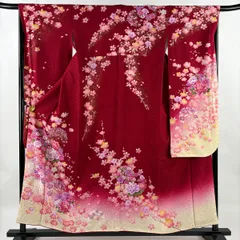 【美品】 振袖 身丈157cm 裄丈67cm M 袷 牡丹 桜 銀通し 箔 赤 正絹 秀品 【中古】
