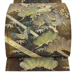 袋帯 名品 松竹梅 鶴 螺鈿 箔 金茶 お太鼓柄 正絹 【中古】