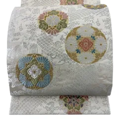 袋帯 名品 丸紋 菊 箔 唐織 クリーム 六通 正絹 【中古】