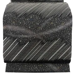 【美品】 袋帯 名品 花 幾何学模様 銀糸 箔 黒 六通 正絹 【中古】