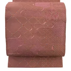 名古屋帯 優品 八寸名古屋帯 松葉仕立て 樹下双獣 霞 刺繍 ピンク 正絹 【中古】