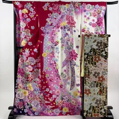 【美品】 振袖 身丈168.5cm 裄丈69.5cm L 袷 袋帯フルセット 草花 手鞠 金彩 銀通し 赤 正絹 名品 【中古】