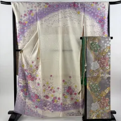 【美品】 振袖 身丈162cm 裄丈68cm L 袷 袋帯フルセット anan 落款 桜 菊 銀通し 箔 クリーム 正絹 秀品 【中古】