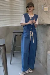 送料無料 サロペット レディース ボトムス ノースリーブ ゆったり オールインワン オーバーオール つなぎ サロぺ パンツ コンビネゾン 体型カバー 大きいサイズ 大人 抜け感 リラックス カジュアル 9分丈 ワイド ワイドシルエット