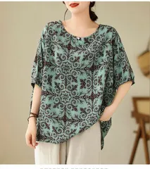 送料無料 チュニック ブラウス 夏 チュニック 五分袖 大人可愛い 大きいサイズ ゆったり 体型カバー ブラウス 総柄 大人可愛い クルーネック 森ガール キレイめ カジュアル