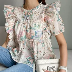 送料無料 花柄 フリル ブラウス レディース 半袖 花柄ブラウス フラワー 綿 コットン 春 夏 フリル トップス シャツ ブラウス おしゃれ きれいめ 韓国ファッション