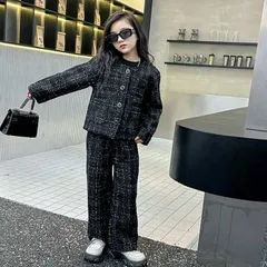 送料無料 卒業式 韓国 160 子供服 トップス セットアップ パンツスーツ ツイード柄ワイドパンツスーツ スーツ スーツ 女の子 入学式 キッズ 発表会 女の子 パンツ 卒服 2点セット 春 秋 フォーマルスーツ 大人っぽい パンツスーツ
