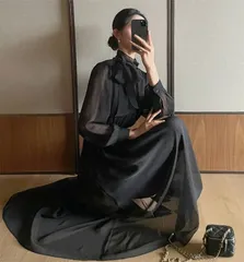 送料無料 ワンピース レディース エレガント 二次会ドレス 夏 春 秋 長袖 ロング丈 ウェストマーク ハイウェスト 裏地 リボン付き チュール シアー 透け感 ドレス スタイルアップ デート おしゃれ シンプル フォーマル エレガント