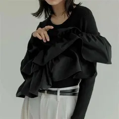 送料無料 チュールフリルリブニット カットソー レディース チュールフリル 長袖Tシャツ トップス ニット チュール フリル 異素材 セーター 長袖 リブ スリム 長袖トップス 長袖ニット 長袖tシャツ プルオーバー 秋冬 春秋 普段着