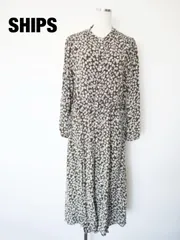 SHIPS　シップス　サイドリボンフラワープリントワンピース　日本製　Mサイズ　３８　ブラック　オフホワイト　マスタード　長袖　ロング　綺麗め　送料込み　6465070