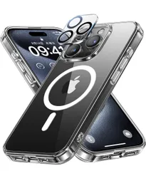 【AKK34】 NIMASO MagSafe対応 iPhone15ProMax用 黄変防止 耐衝撃 米軍MIL規格 PC背面 傷つけ防止 ワイヤレス充電対応 ストラップホール付き カメラレンズ 保護カバー 強化ガラス 全面保護 黒縁取り 露出オーバー防止