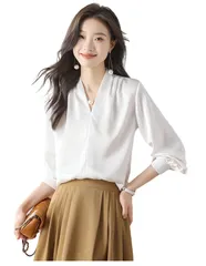 夏 春 長袖 通勤 紫外線カット UV 30代 大学 卒園式 入学式 無地 事務服 Vネック OL 就活 スーツ フォーマル オフィス シルク ビジネス レディース シャツ ブラウス [NISSAI]