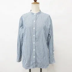 23区 オンワード樫山 MY STANDARD シャツ ブラウス 長袖 バンドカラー ストライプ 綿 青 白 ブルー ホワイト 38