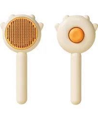 【AKJ48】 ペット用ブラシ ワンプッシュ式 ペットグルーミングブラシ スリッカーブラシ 長毛・短毛種 ボタンを押してワンプッシュ式抜 毛除去簡単 痛くない マッサージ 皮膚に優しい 猫 犬 用ブラシ (黄色)