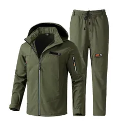 新品 [Yucahype] マウンテンジャケット 上下セット メンズ 裏起毛 防寒着 長ズボン マウンテンパーカー 冬アウトドアウェア 大きいサイズ 冬服メンズ 防風防寒 防撥水 暖かい 軽量アウター 反射チャック 冬春秋作業(L アーミーグリーンB)