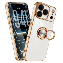 対応 iPhone17 pro ケース リング 耐衝撃 いpほね17 pro リング付き カバー いphone17pro TPU 車載ホルダー ストラップホール付き メッキ加工 スマホケース ホワイト 1