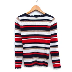 グローバルワーク GLOBAL WORK セーター リブ ニット ボーダー 柄 フリル 長袖 丸首 ウール混 M ライトベージュ マルチカラー /HT24