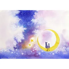 （原画）お月様とお花見【SMサイズ／水彩画／#3071】