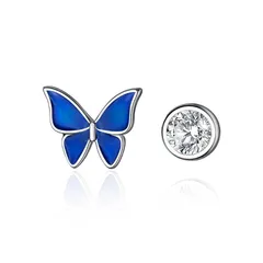 Richight 純銀製 日常 かわいい ブルー バタフライ 蝶々 ジルコニア アシンメトリー スタッドピアス Silver 999シルバー 繊細 蝶 モチーフ 小さな ピアス 1
