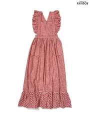 古着 ギンガムチェック フリル コットン ロング丈 キャミソール ティアード ワンピース 赤 白 (otu2601128)