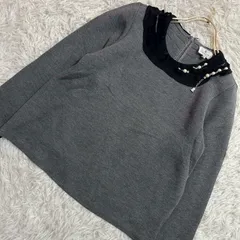 LANVIN en Bleu パール付きトップス グレー 38 キレイめ ビジュー