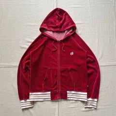 00s　archive　アーカイブ　OLD HANG TEN　ハンテン　ワンポイント足跡ロゴ刺繍　ベロア生地　フルジップアップ　パーカー　ブルゾン　リブライン　レッド　L　平成ギャル　Y2K　西海岸　サーフ　古着　red velour zip-up