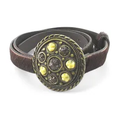 細ベルト レザー 本革 茶系 ダークブラウン ストーン調 トップ式 バックル 小物